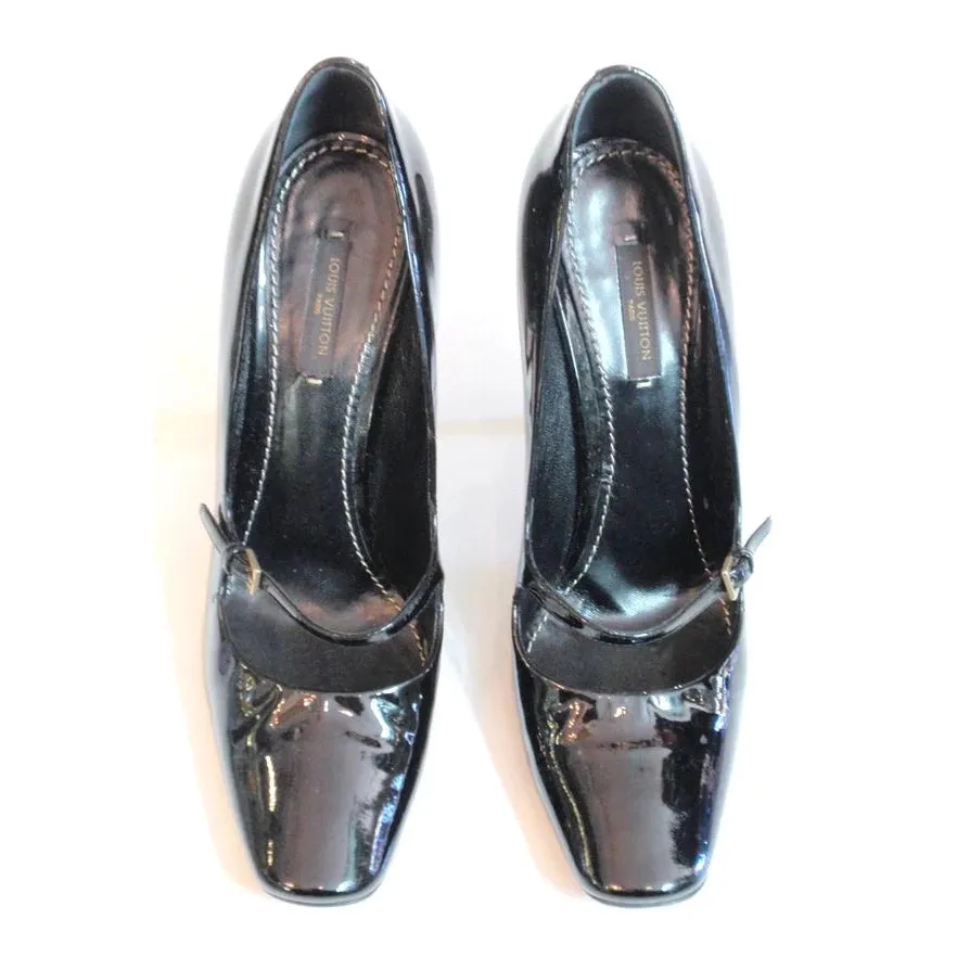 LOUIS VUITTON Slick Black Patent Leather Square Toe Cut Out Buckle Vamp Heel | Size 39.5 - US 8.5-9