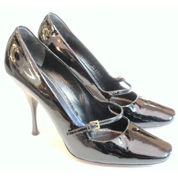 LOUIS VUITTON Slick Black Patent Leather Square Toe Cut Out Buckle Vamp Heel | Size 39.5 - US 8.5-9