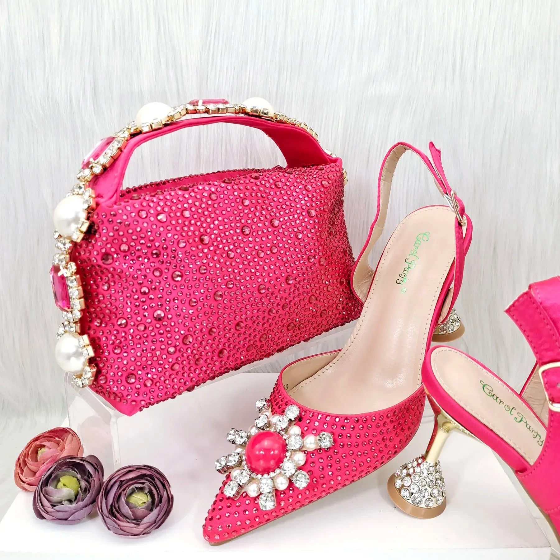 Luxury SSS Grade Burgundy High Heels Fashion Banquet Shoes Bag Set For Women