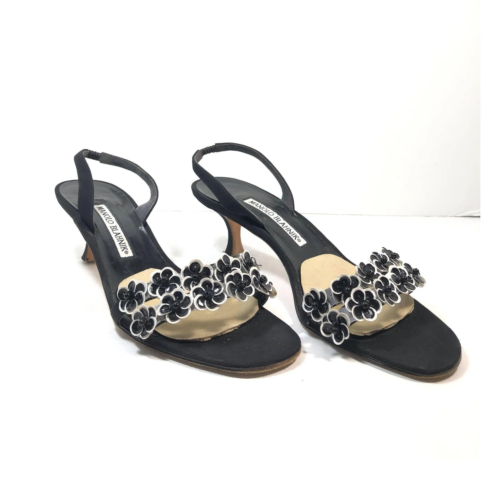 MANOLO BLAHNIK Black & White Slingback Heels with Floral Toe Strap | US 8 1/2 - EU 38 1/2