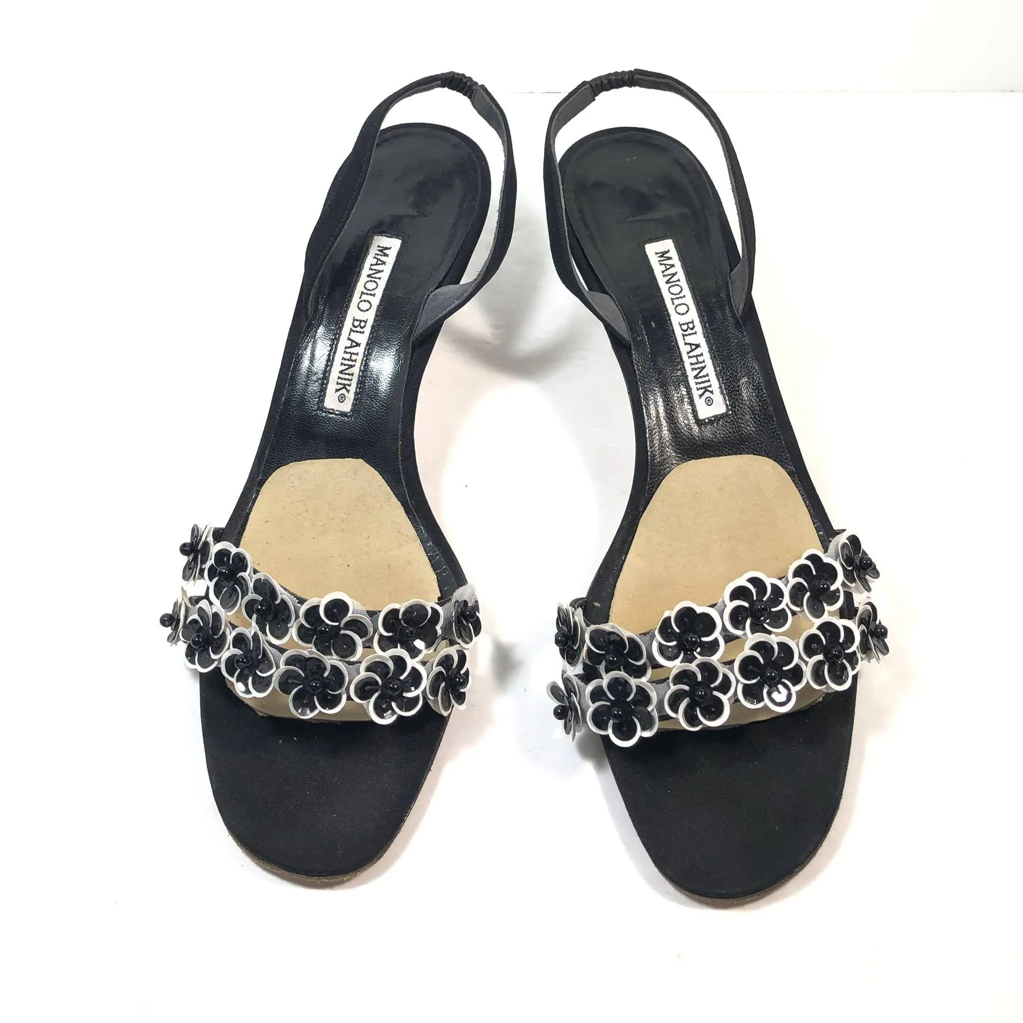 MANOLO BLAHNIK Black & White Slingback Heels with Floral Toe Strap | US 8 1/2 - EU 38 1/2