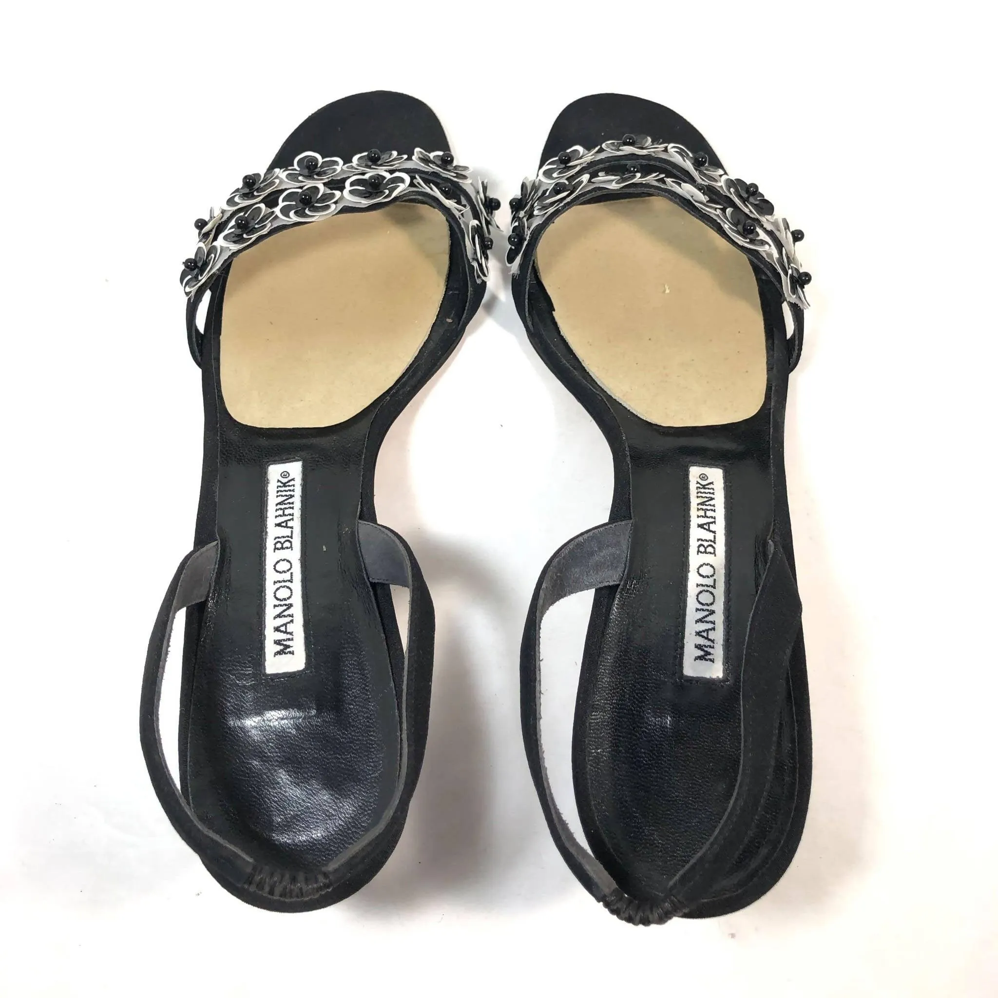 MANOLO BLAHNIK Black & White Slingback Heels with Floral Toe Strap | US 8 1/2 - EU 38 1/2