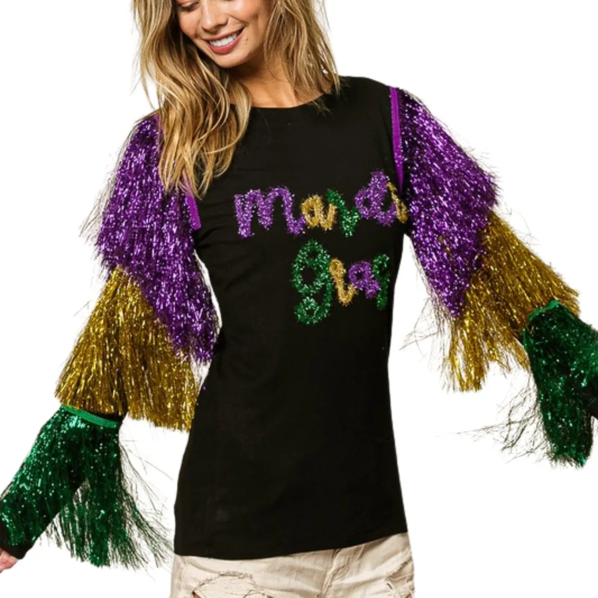 Mardi Gras Black Top With Colorful Tiered Tinsel Fringe