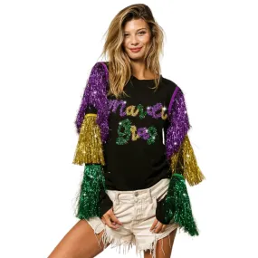 Mardi Gras Black Top With Colorful Tiered Tinsel Fringe