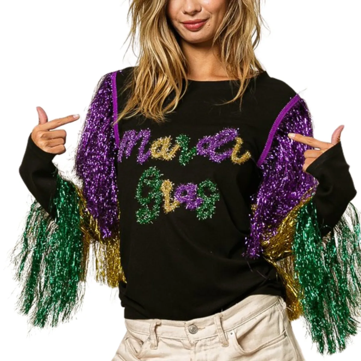 Mardi Gras Black Top With Colorful Tiered Tinsel Fringe