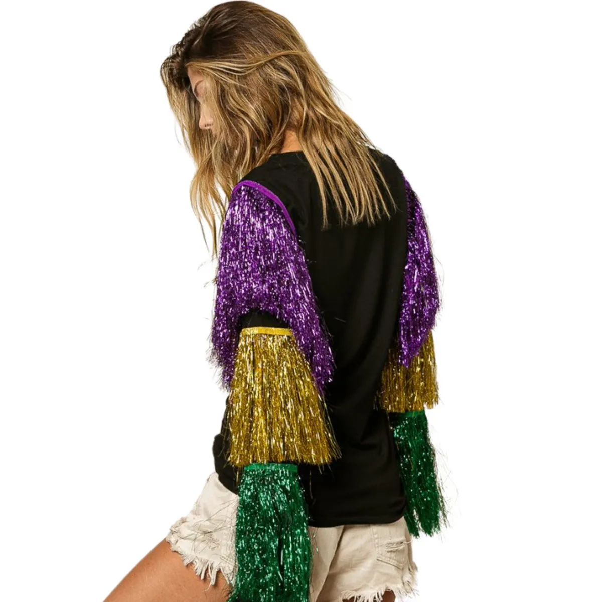 Mardi Gras Black Top With Colorful Tiered Tinsel Fringe