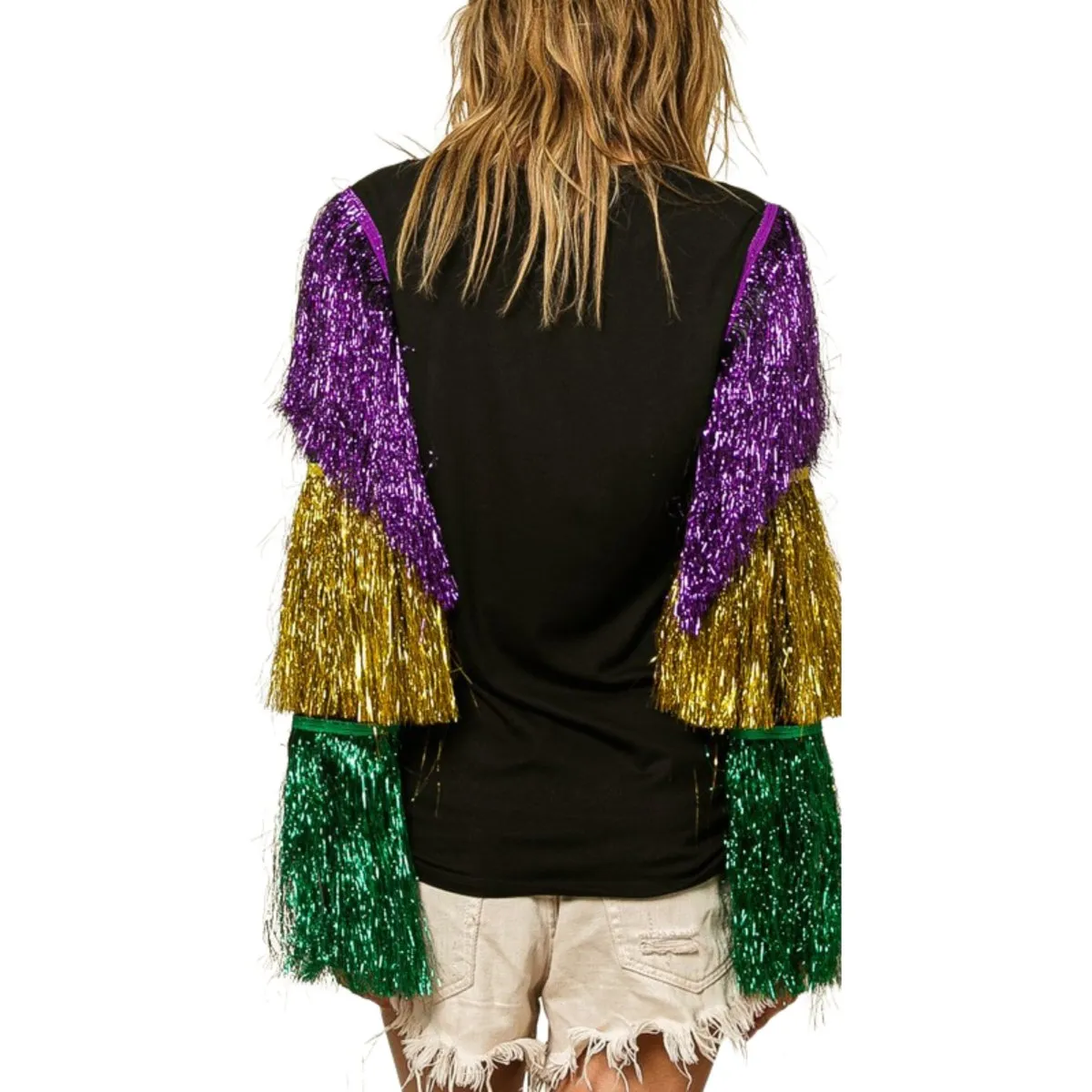 Mardi Gras Black Top With Colorful Tiered Tinsel Fringe