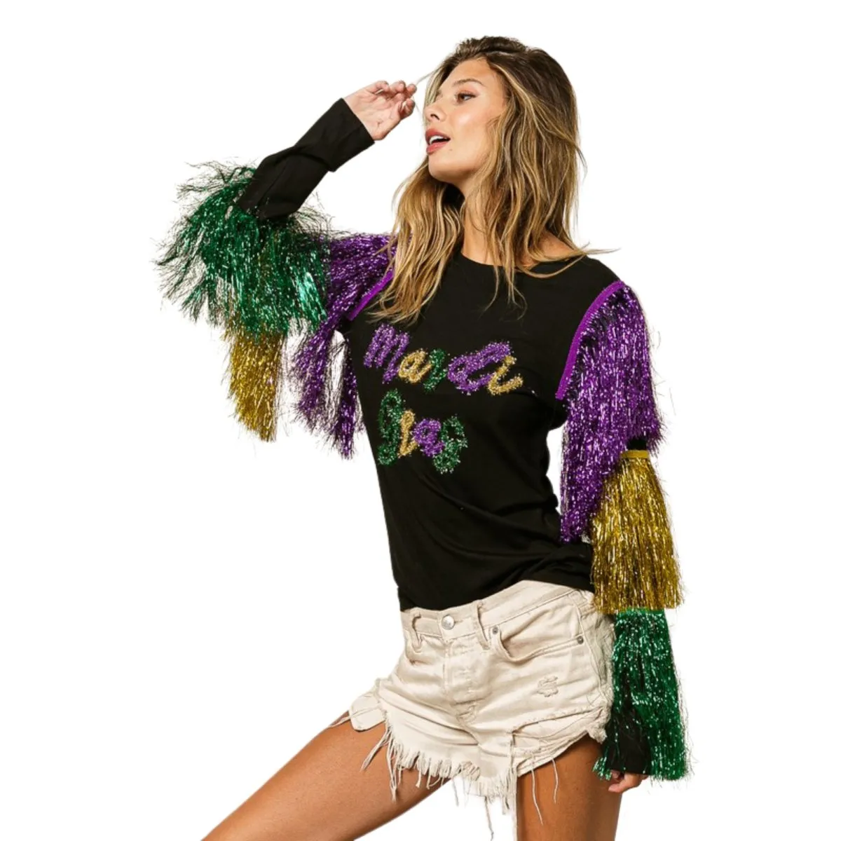 Mardi Gras Black Top With Colorful Tiered Tinsel Fringe