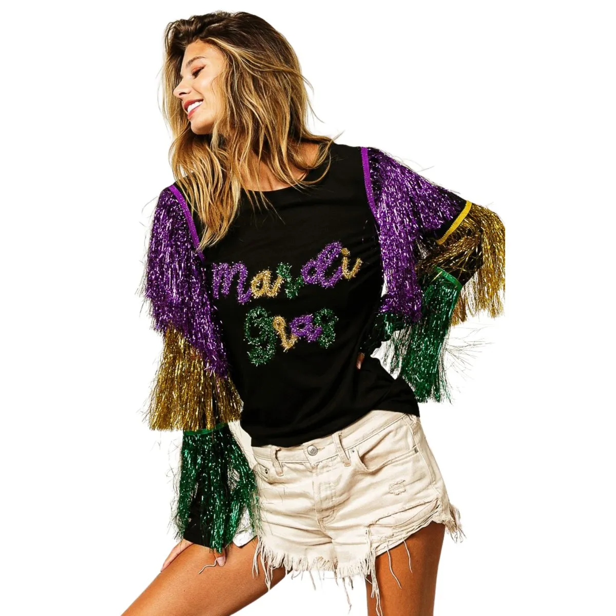 Mardi Gras Black Top With Colorful Tiered Tinsel Fringe