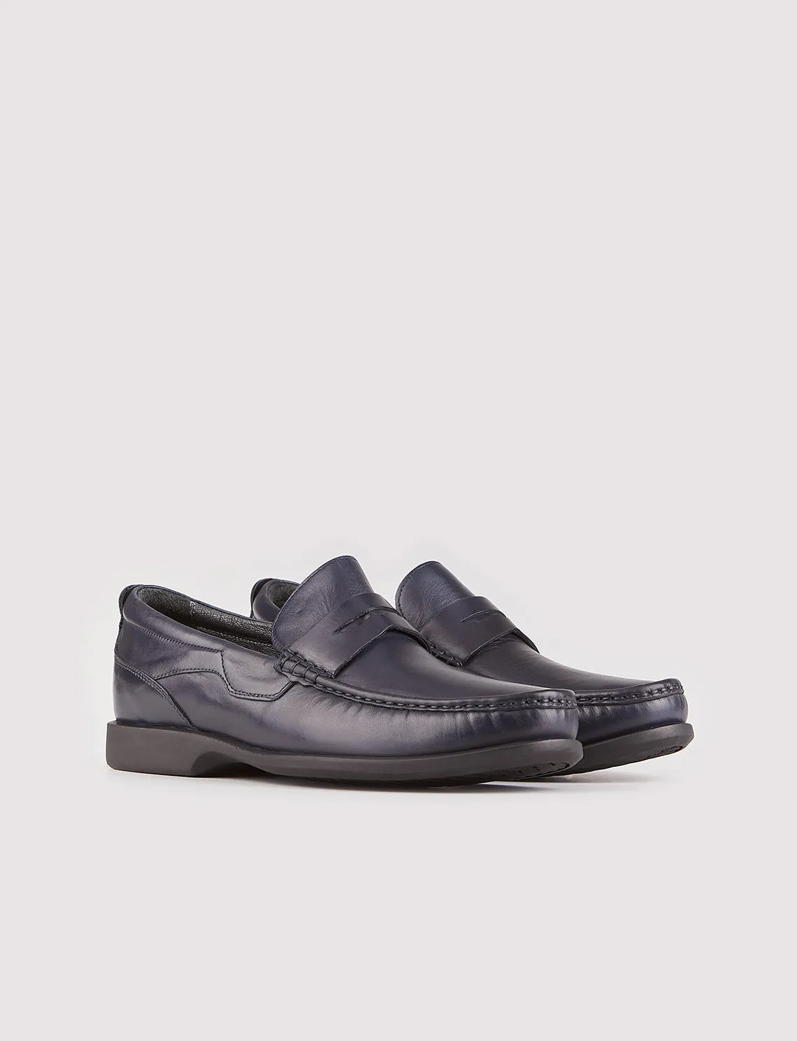 Men Navy Blue Genuine Leather Slip On Penny Loafers