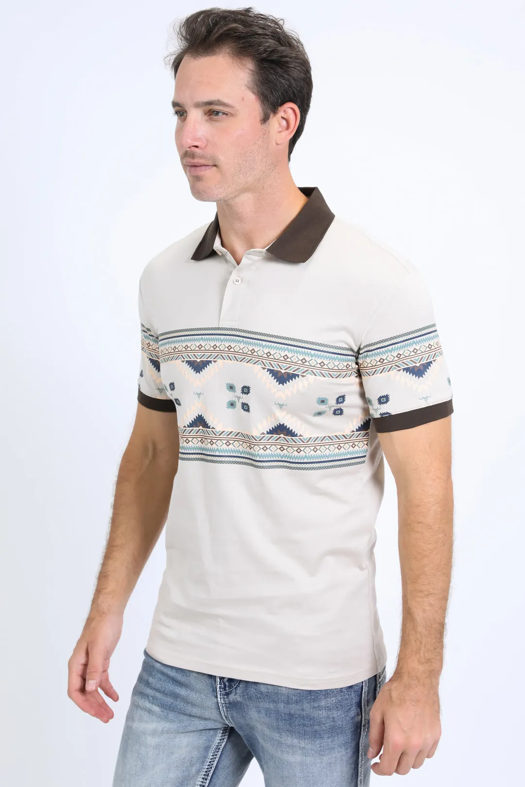 Men's Aztec Panoramic Print Beige Polo