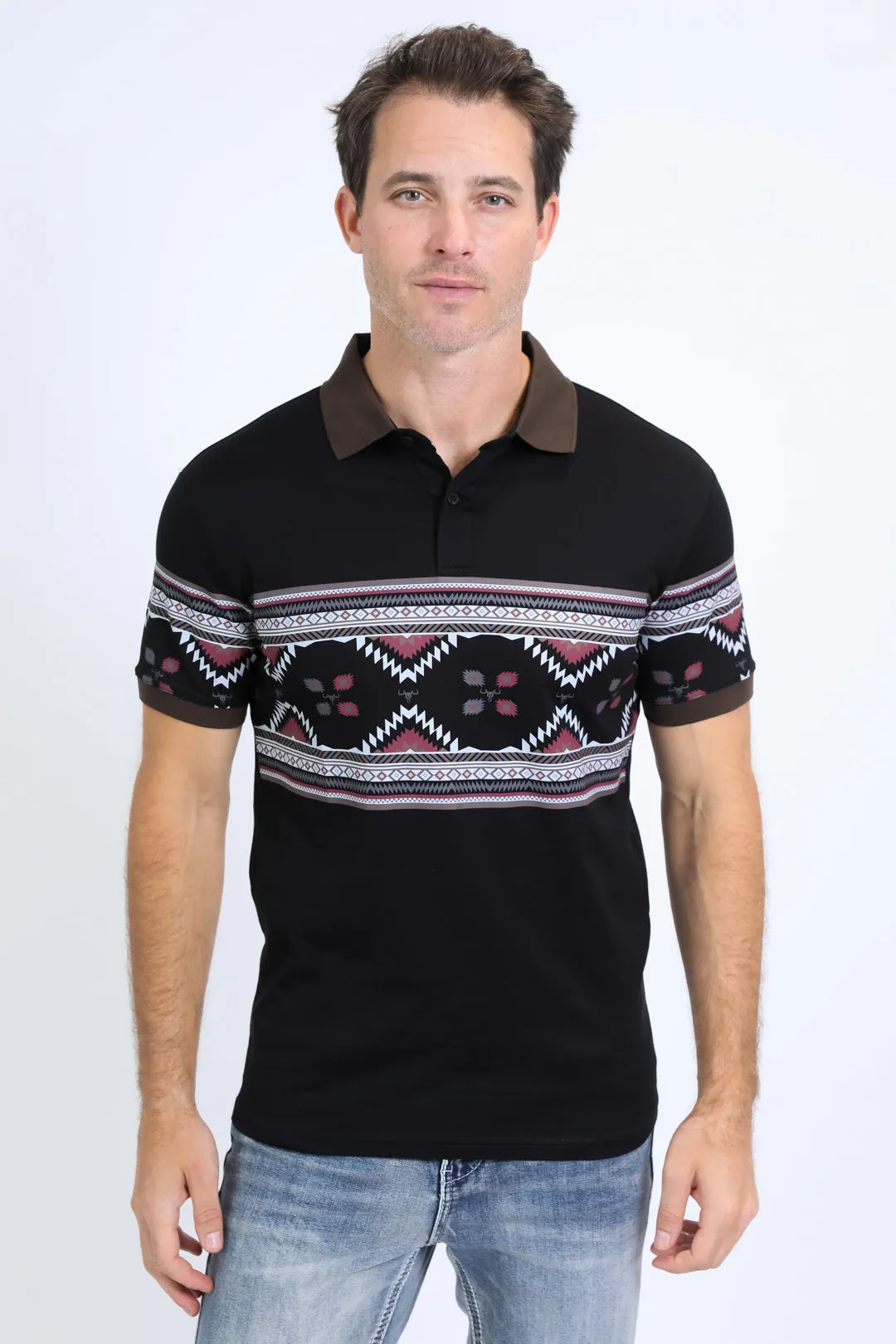 Men's Aztec Panoramic Print Black Polo