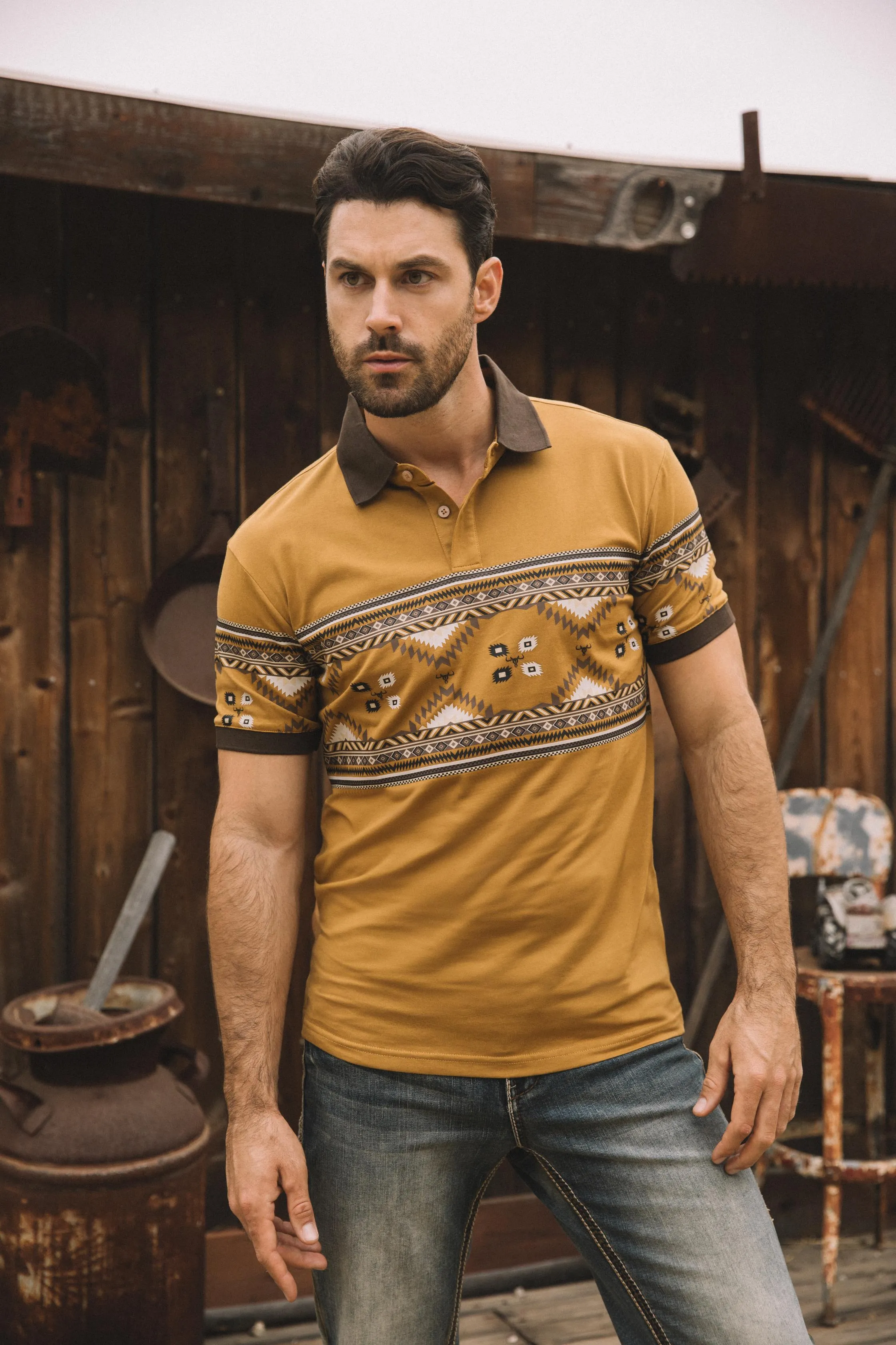 Men's Aztec Panoramic Print Camel Polo