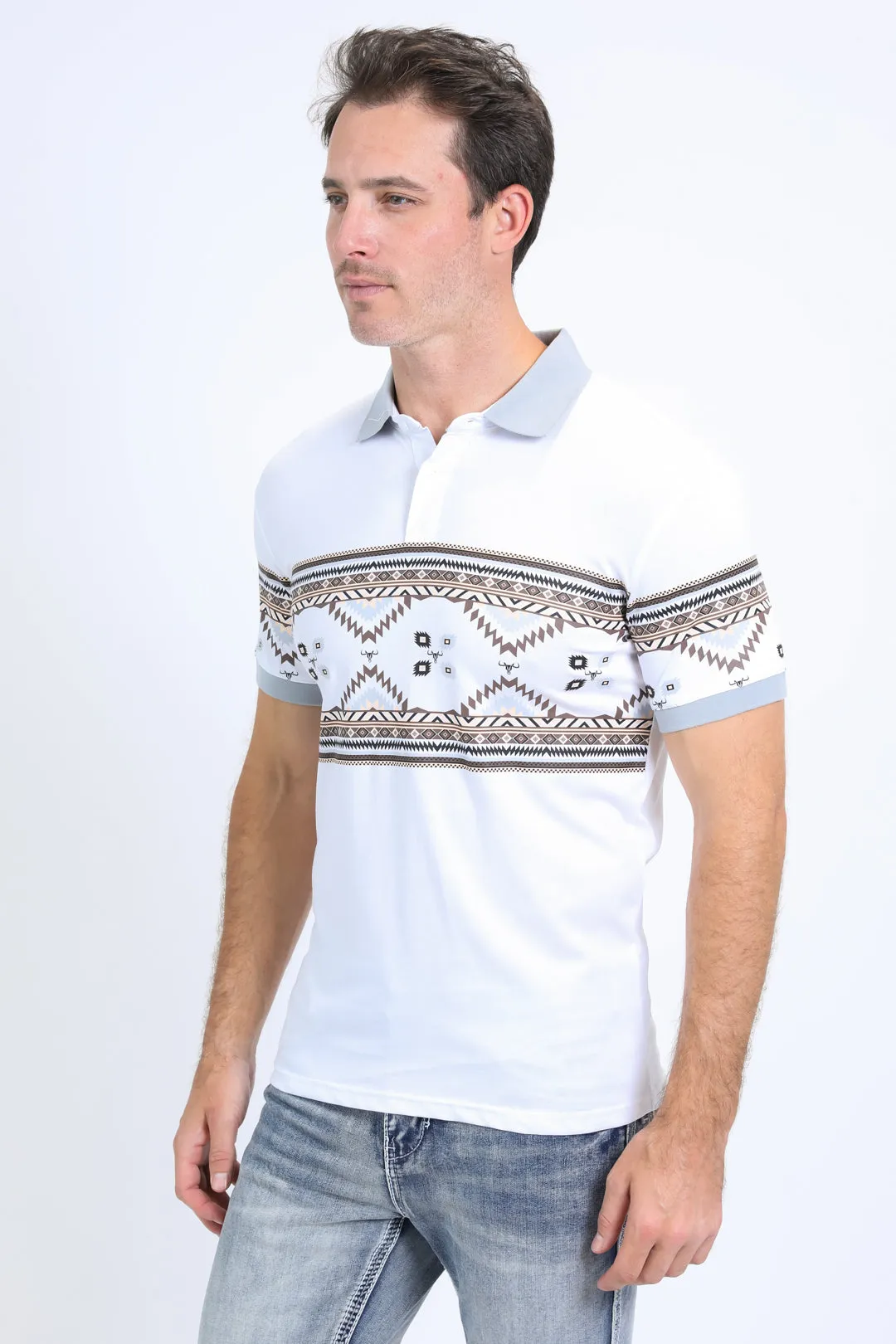 Men's Aztec Panoramic Print White Polo