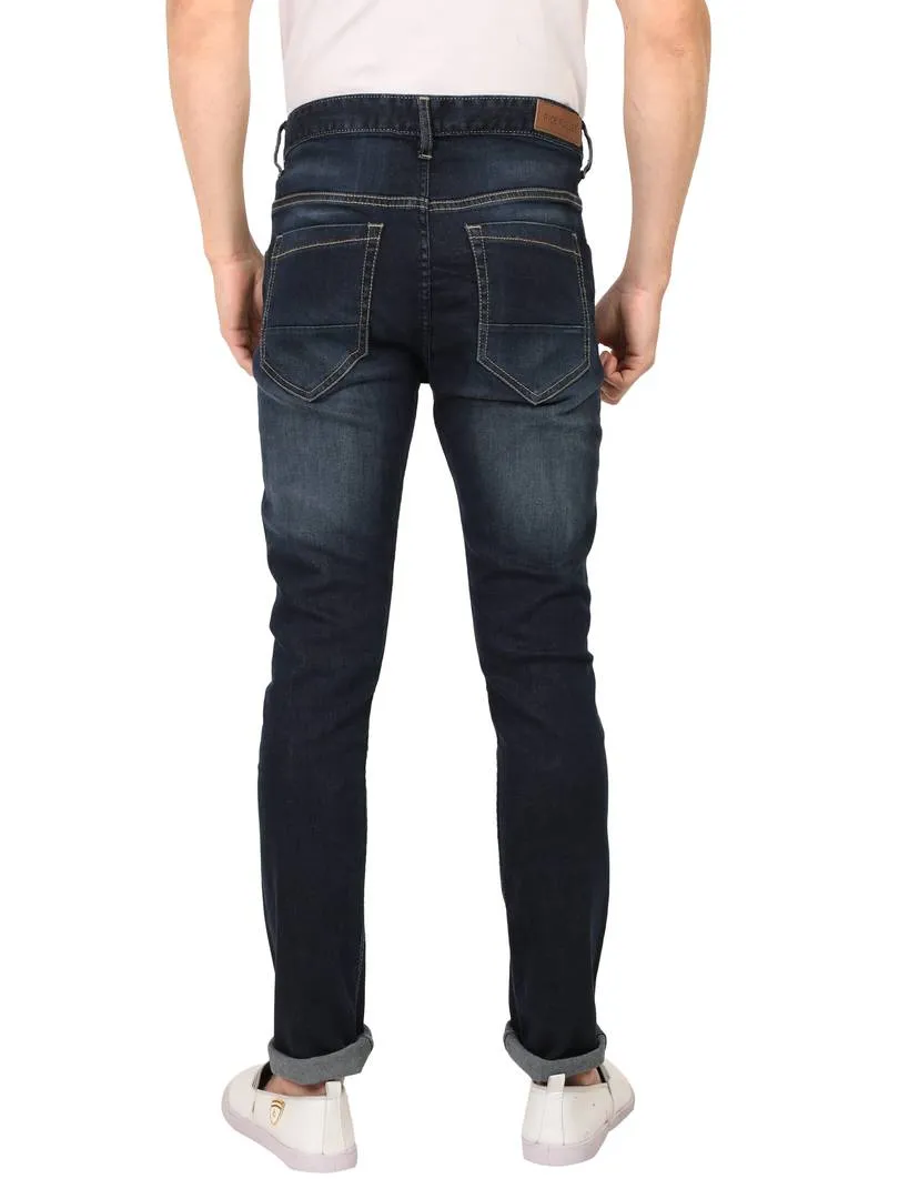 Men's Blue Denim Faded Slim Fit Mid-Rise Jeans