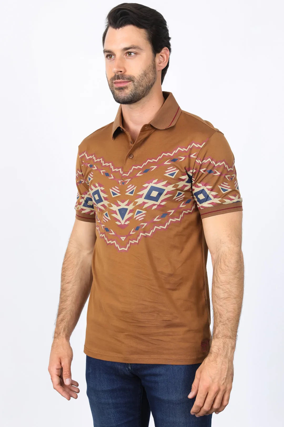 Men's Camel Aztec Panoramic Print Polo