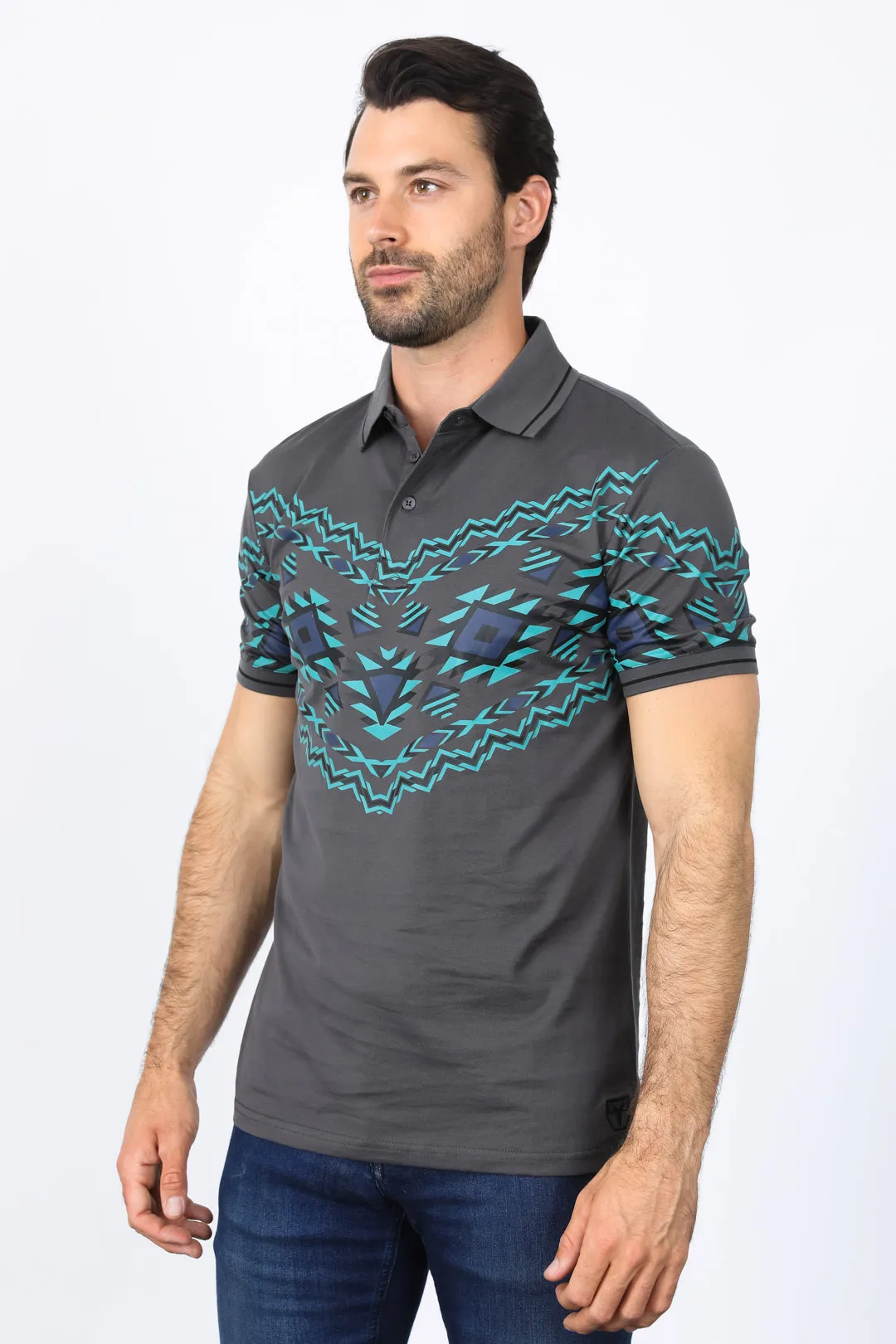 Men's Grey Aztec Panoramic Print Polo