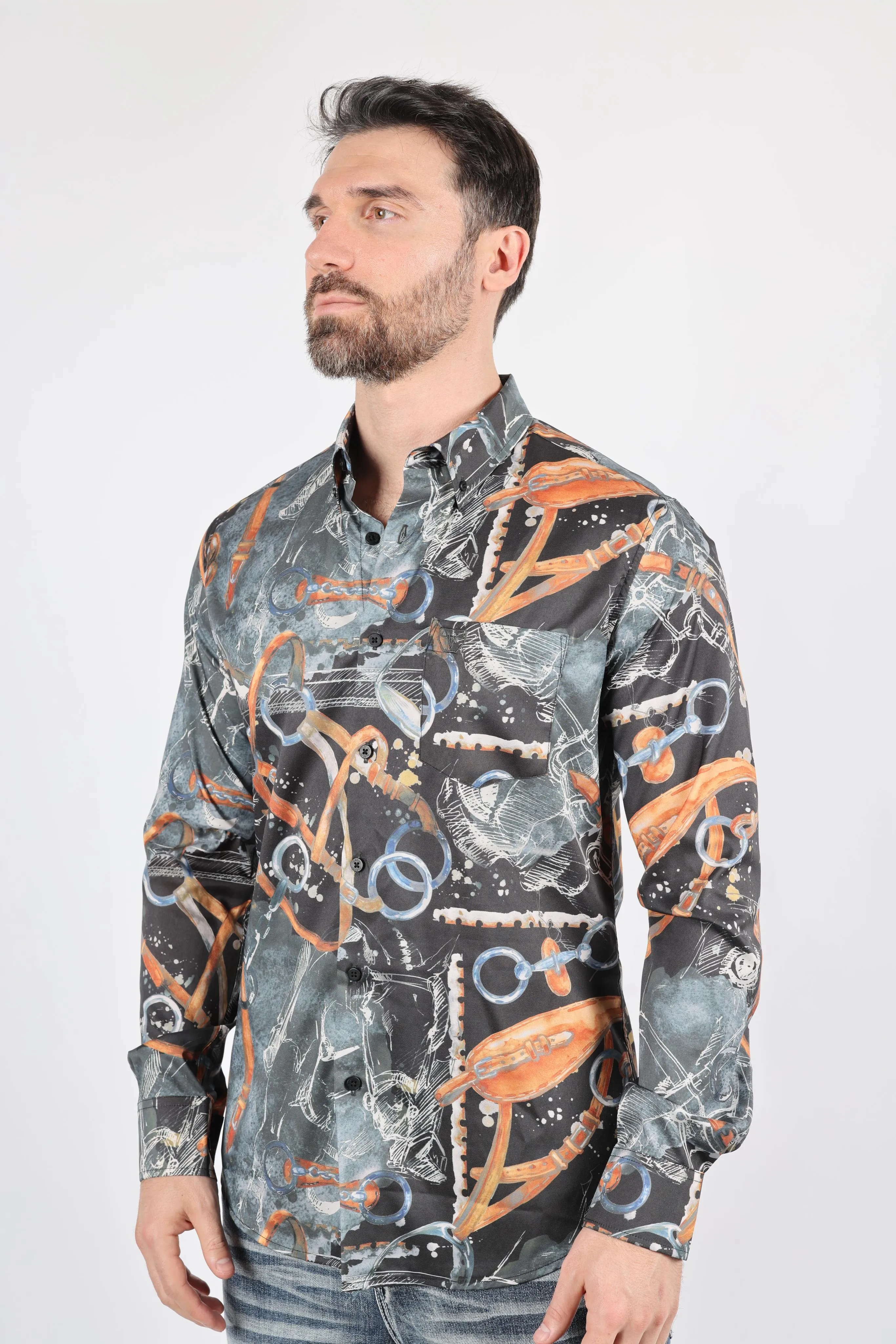 Mens Long Sleeve Modern Fit Stretch Wild Horses Print Shirt