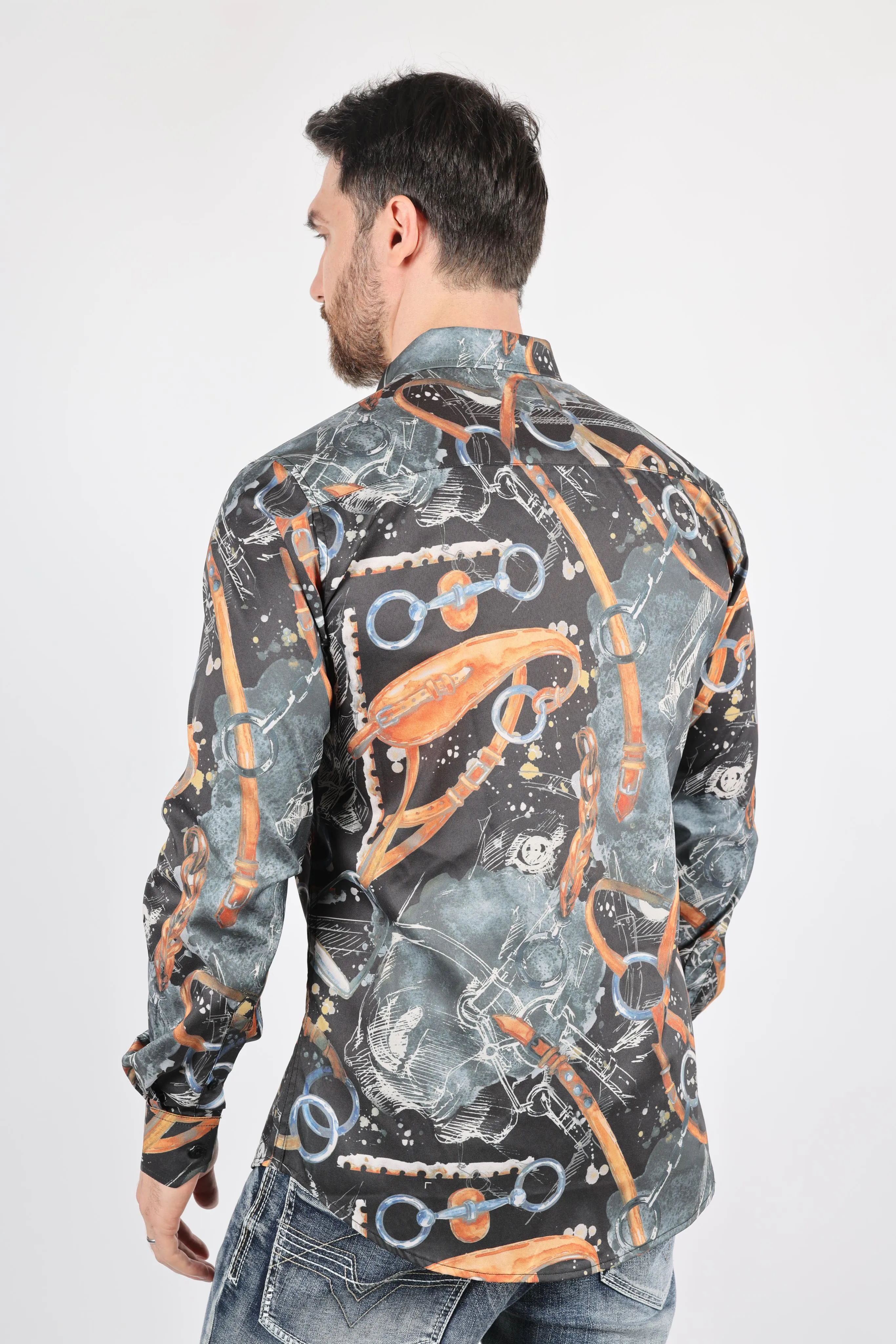 Mens Long Sleeve Modern Fit Stretch Wild Horses Print Shirt