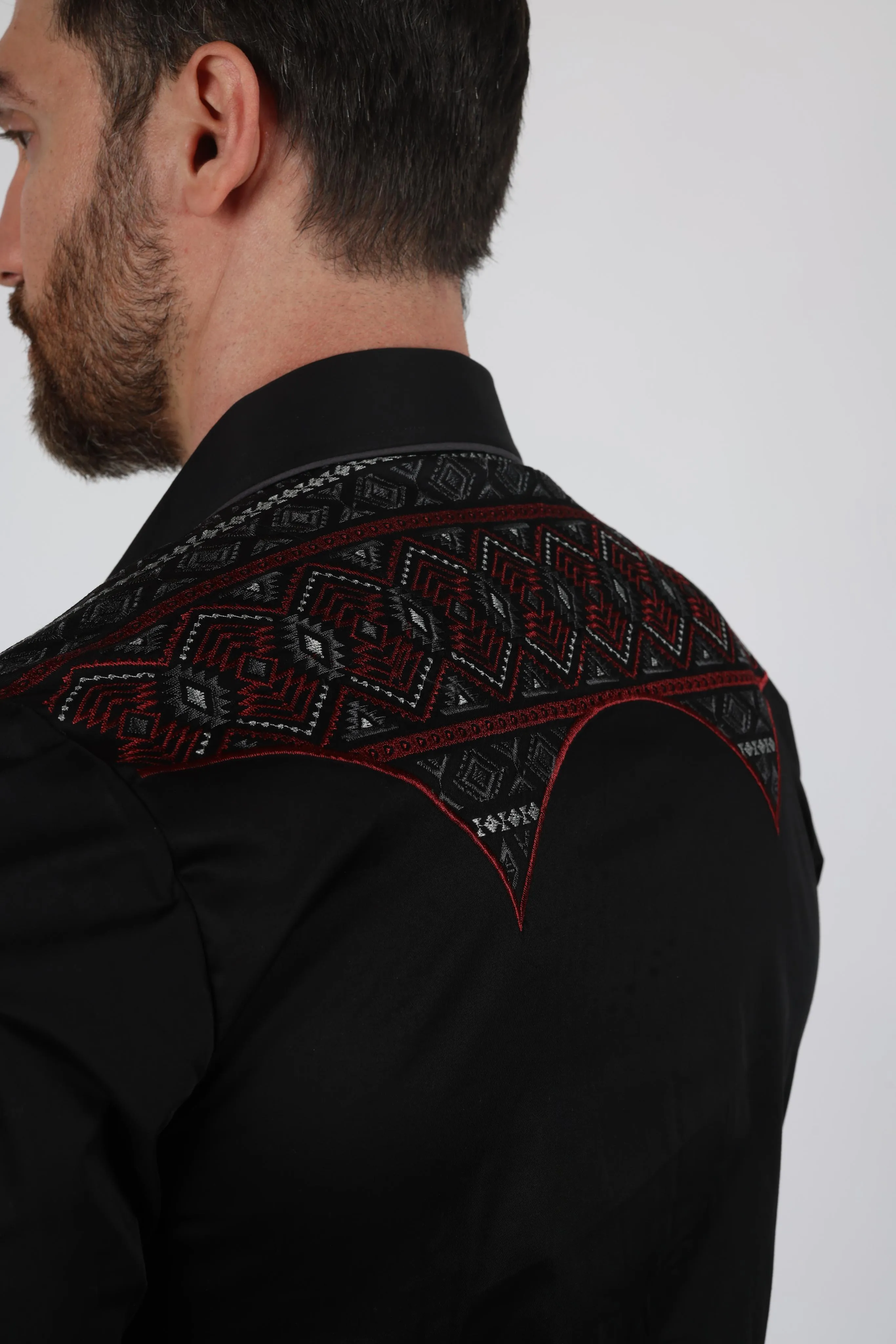 Mens Modern Fit Stretch Multi-Color Aztec Embroidery Shirt