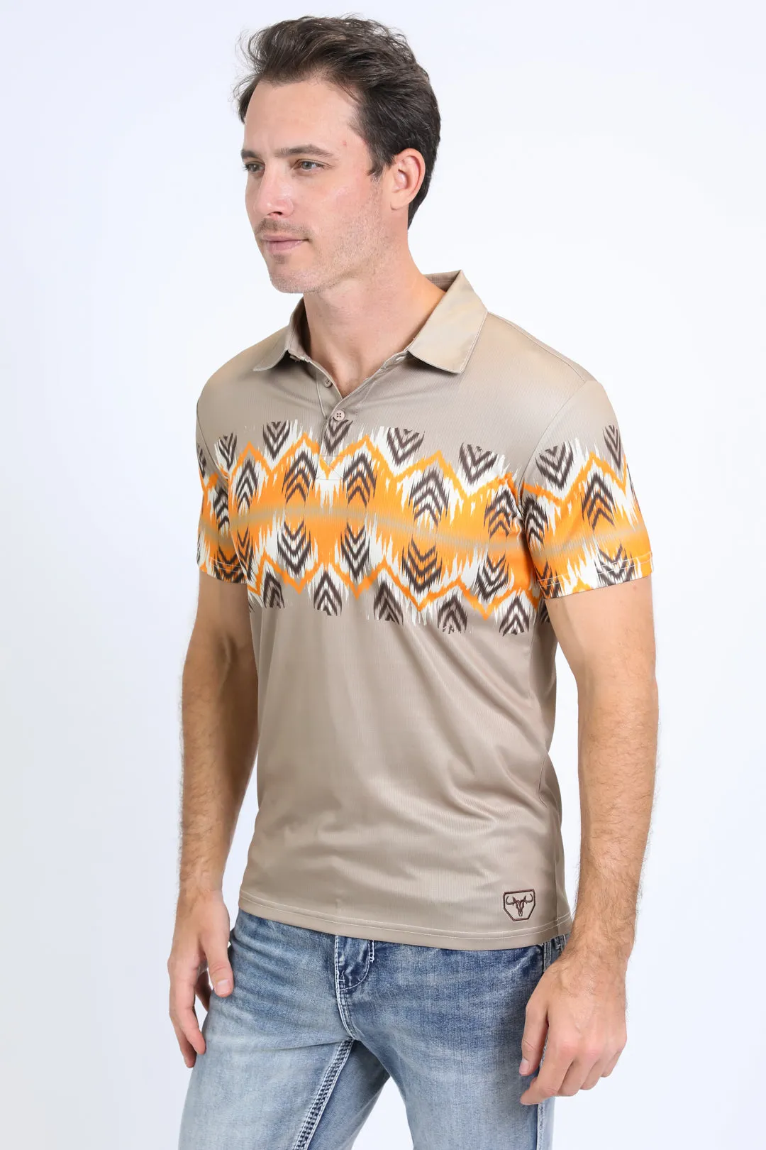 Men's Performance Fabric Aztec Panoramic Print Khaki Polo