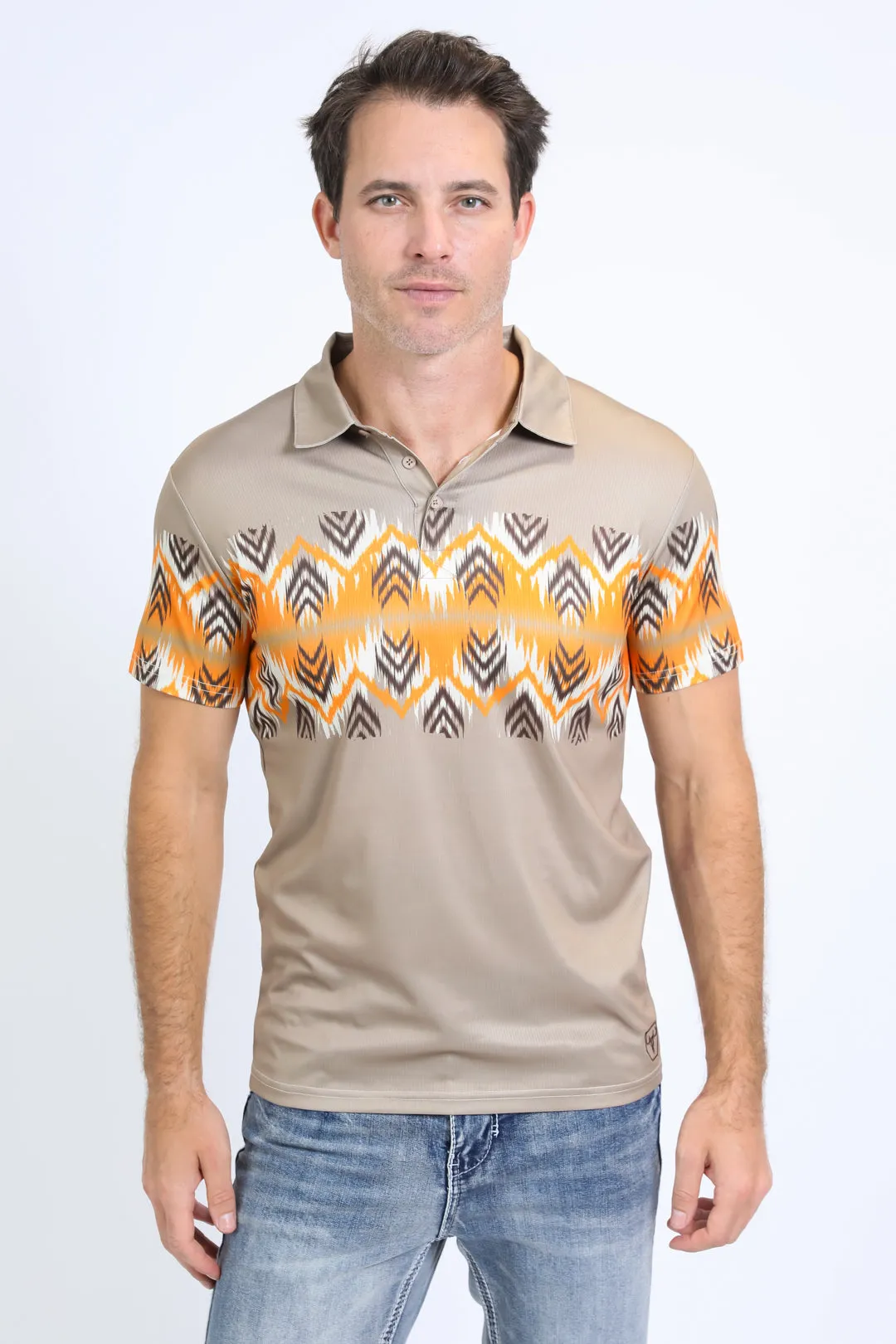 Men's Performance Fabric Aztec Panoramic Print Khaki Polo