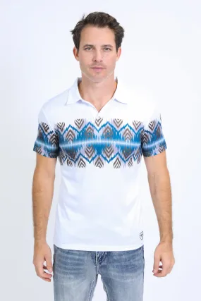 Men's Performance Fabric Aztec Panoramic Print White Polo