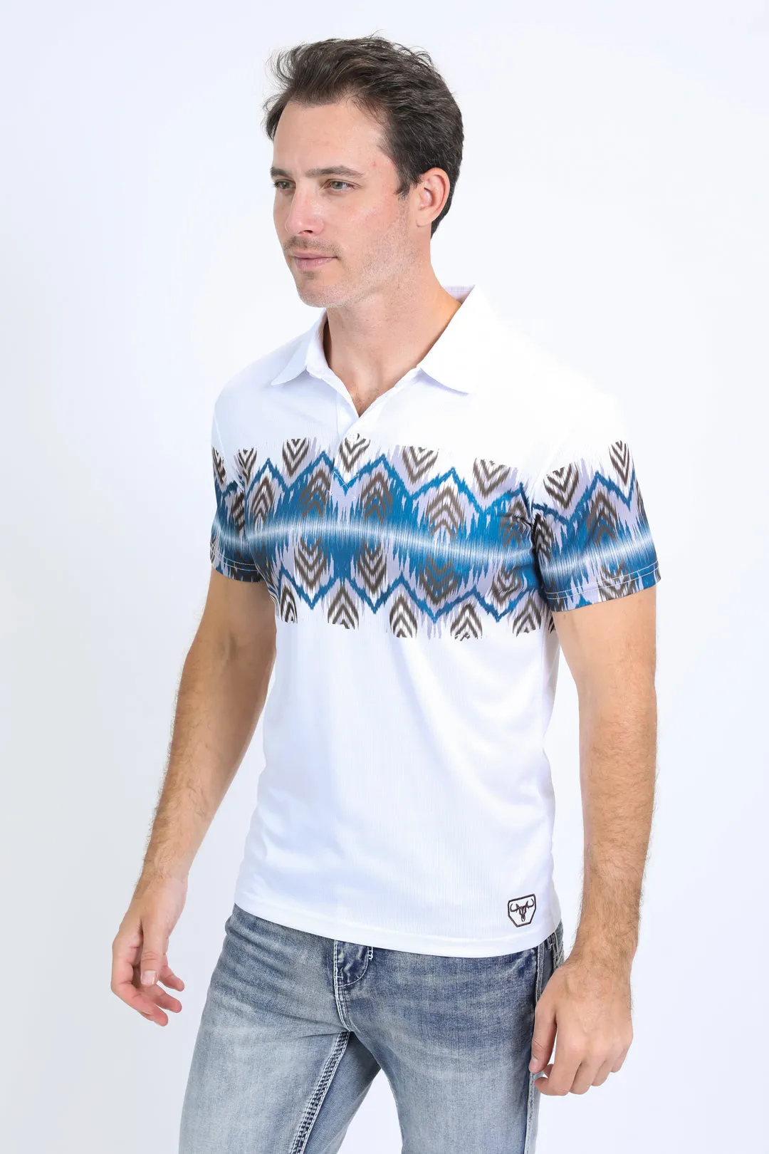 Men's Performance Fabric Aztec Panoramic Print White Polo