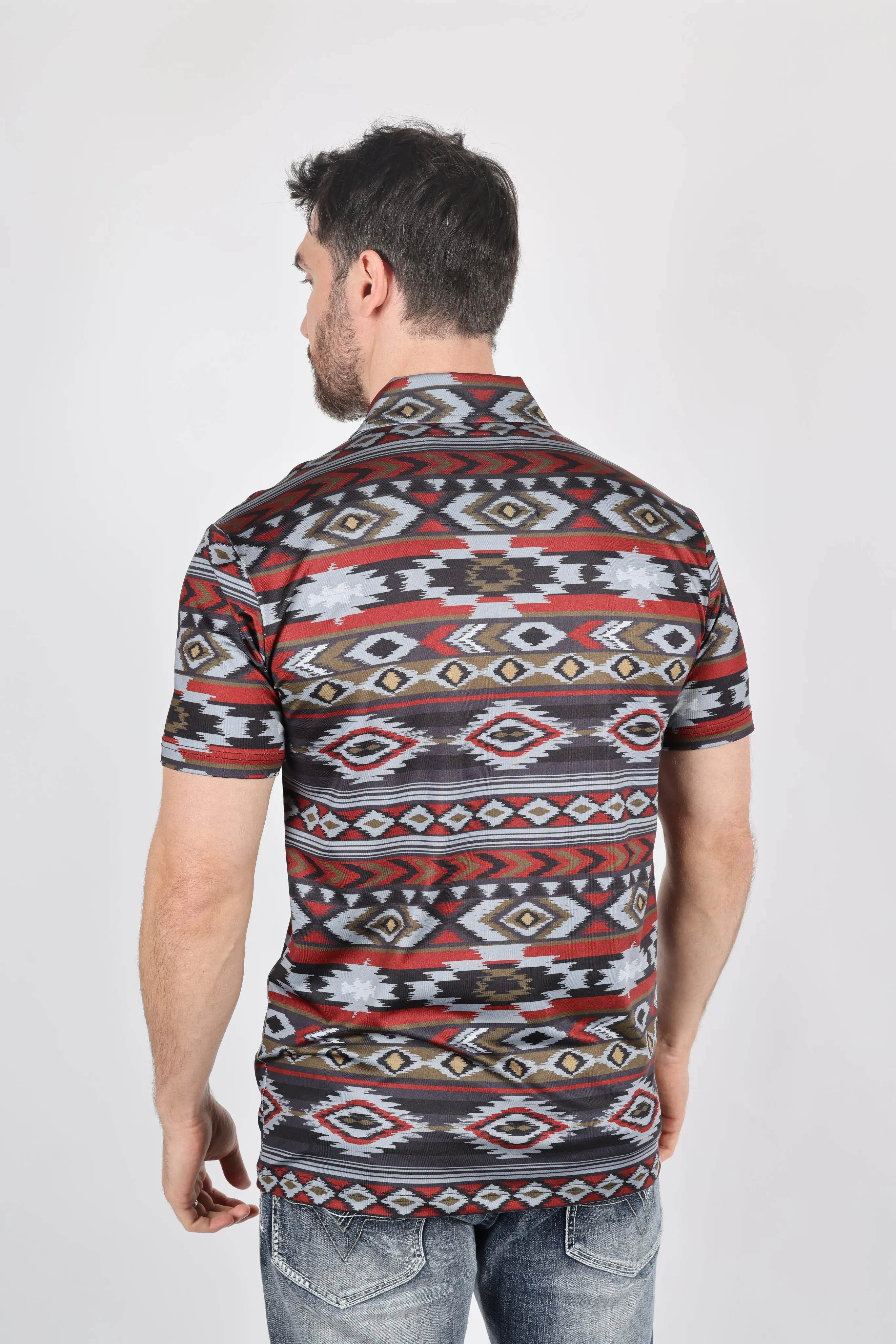 Mens Performance Fabric Modern Fit Stretch Aztec Print Polo