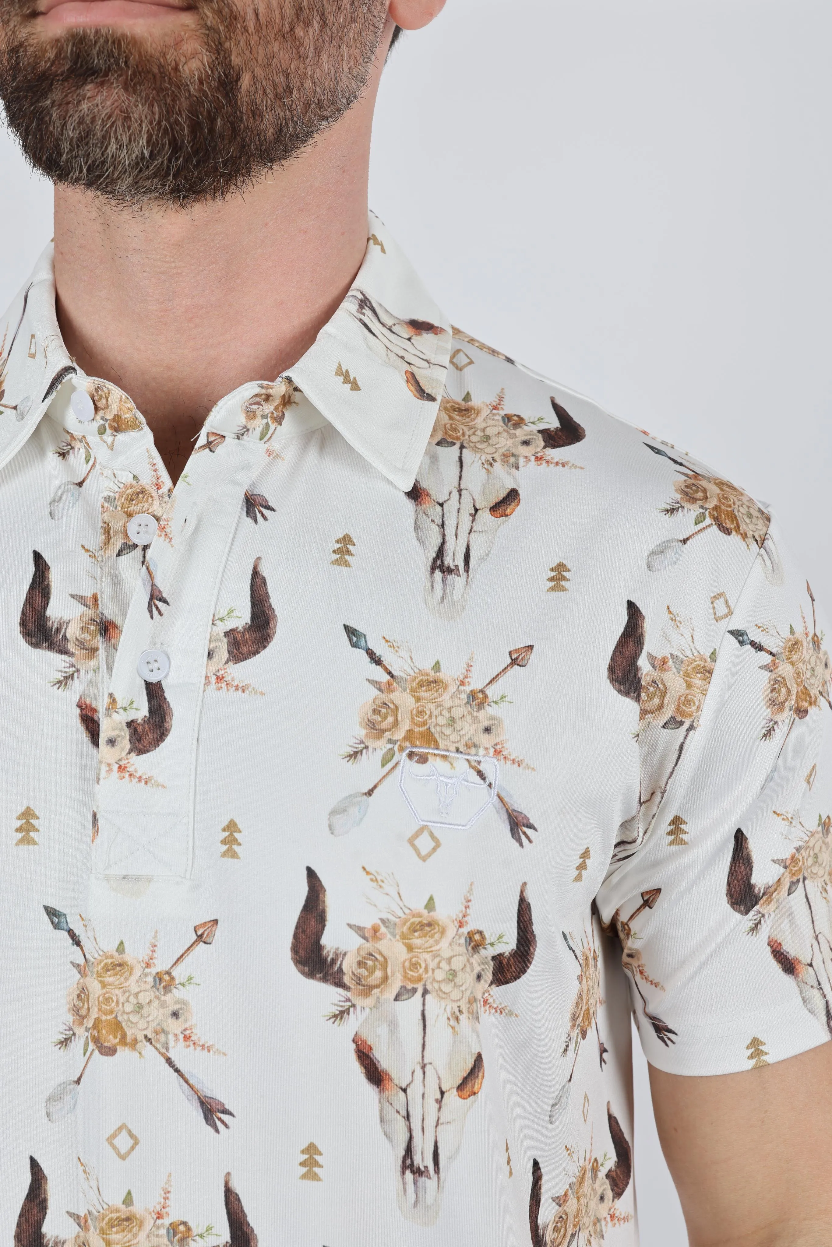 Mens Performance Fabric Modern Fit Stretch Cow Skull Print Polo