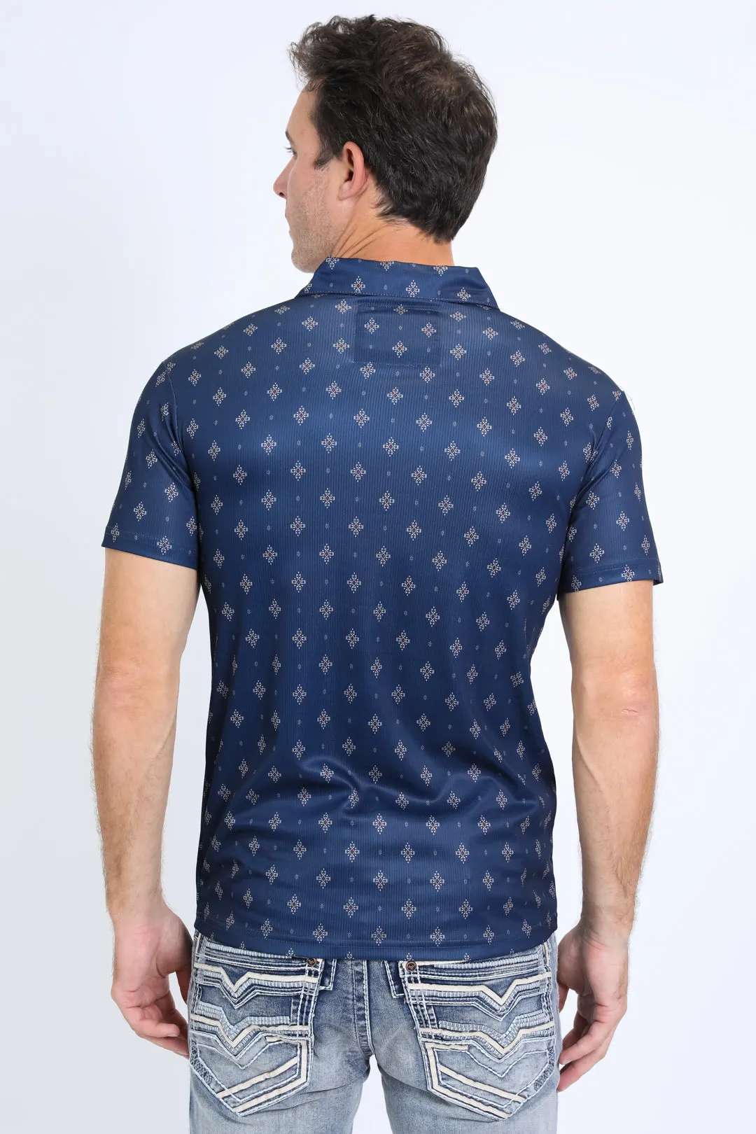 Mens Performance Fabric Print Navy Polo