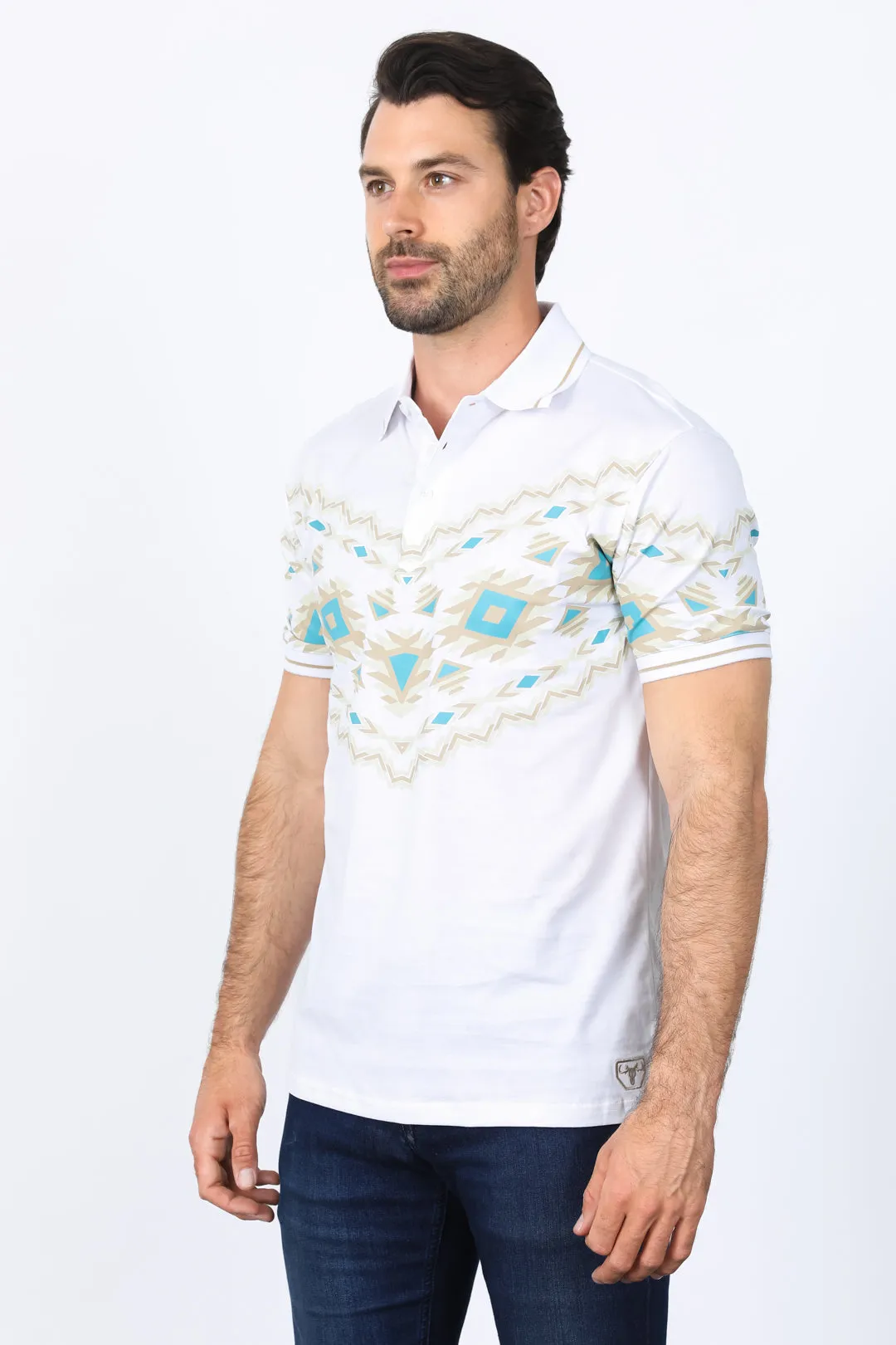 Men's White Aztec Panoramic Print Polo