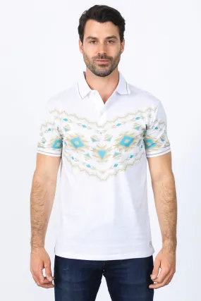 Men's White Aztec Panoramic Print Polo