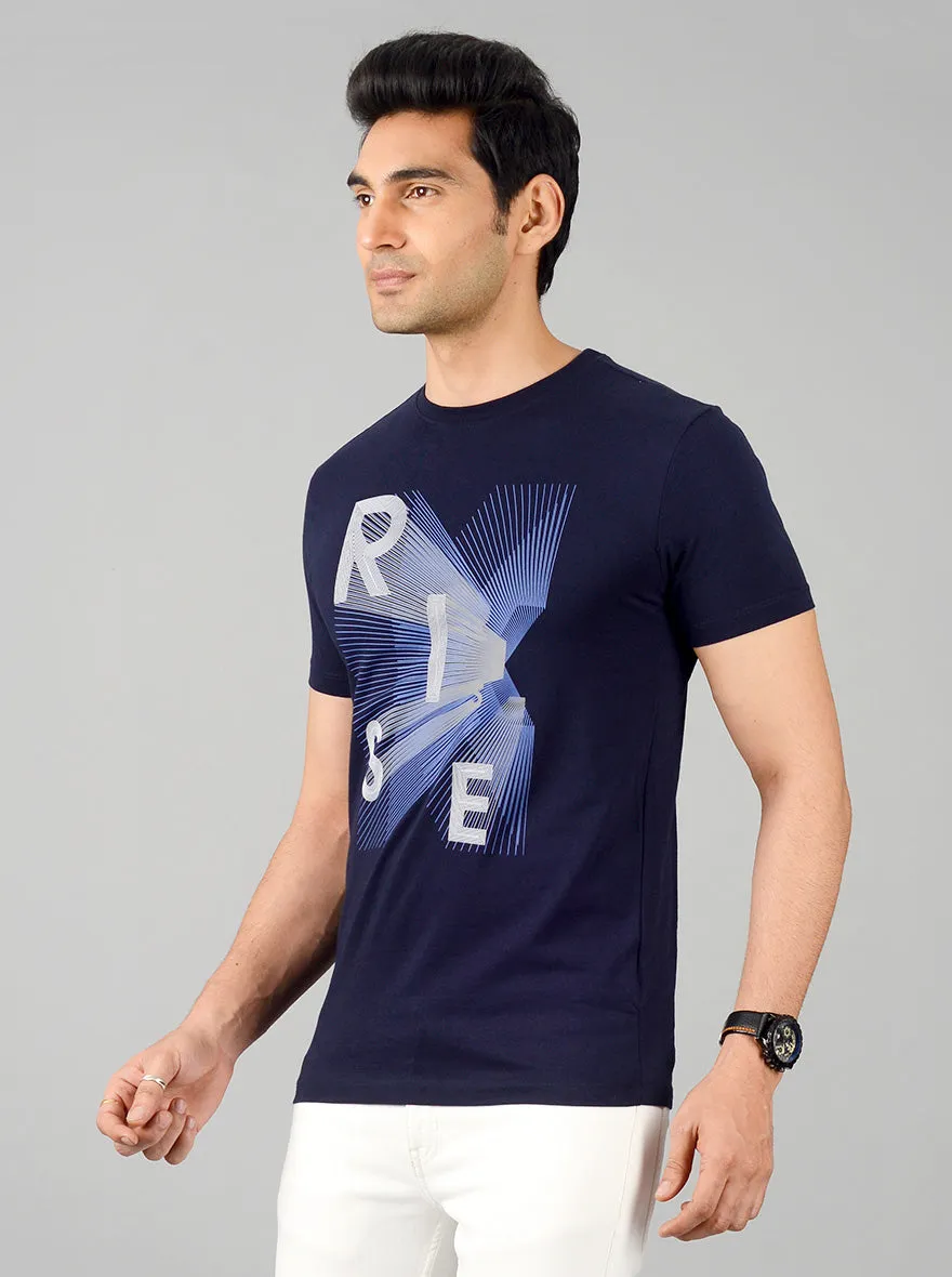 Navy Blue Printed Slim Fit T-shirt | JadeBlue