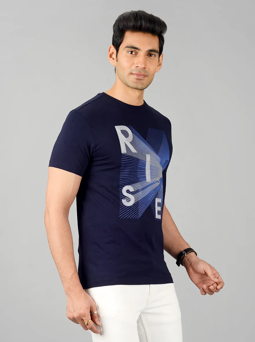 Navy Blue Printed Slim Fit T-shirt | JadeBlue