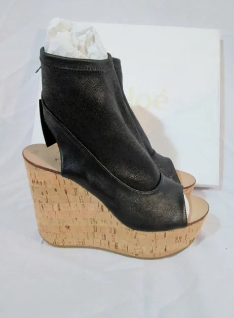 NEW CHLOE NAPPA LAMB Leather Cork Wedge Sandal 36.5 6 Shoe BLACK Womens