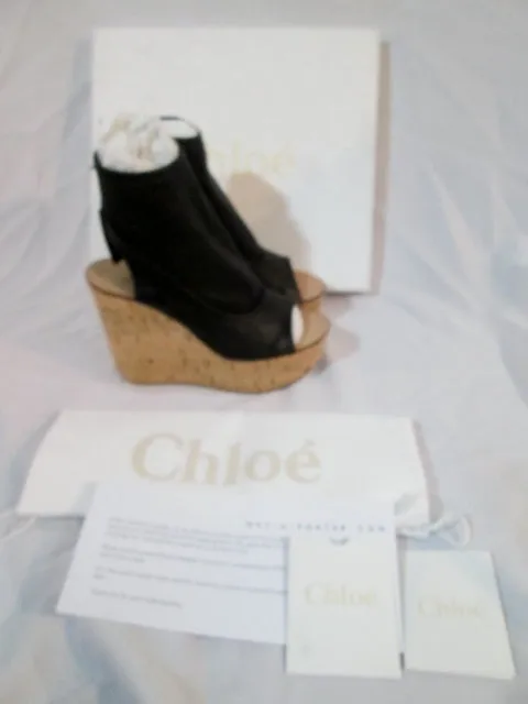 NEW CHLOE NAPPA LAMB Leather Cork Wedge Sandal 36.5 6 Shoe BLACK Womens