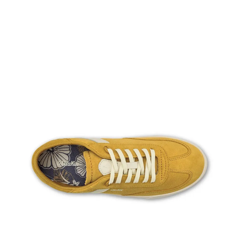 OluKai Women's Hā‘upu Leather Lace Sneaker in Mustard/Off White