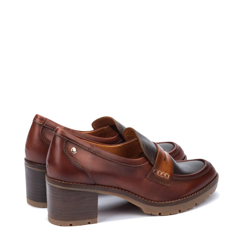 Pikolinos Women's Llanes Heeled Leather Loafer in Cognac