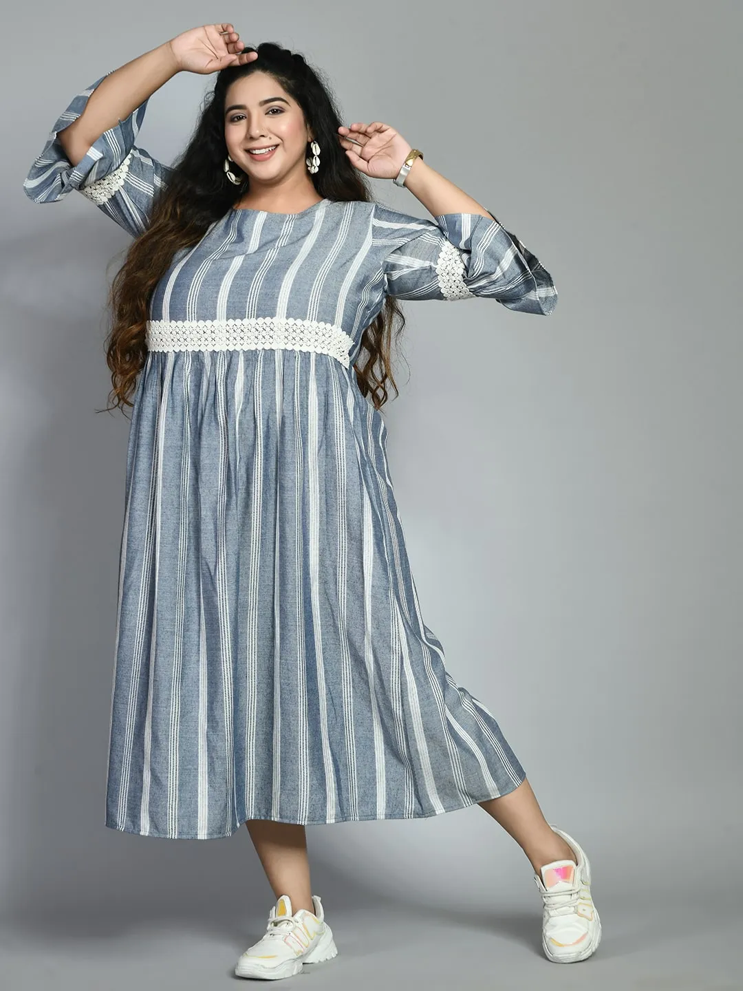 Plus Size Plus Size Grey Striped Lace Dress