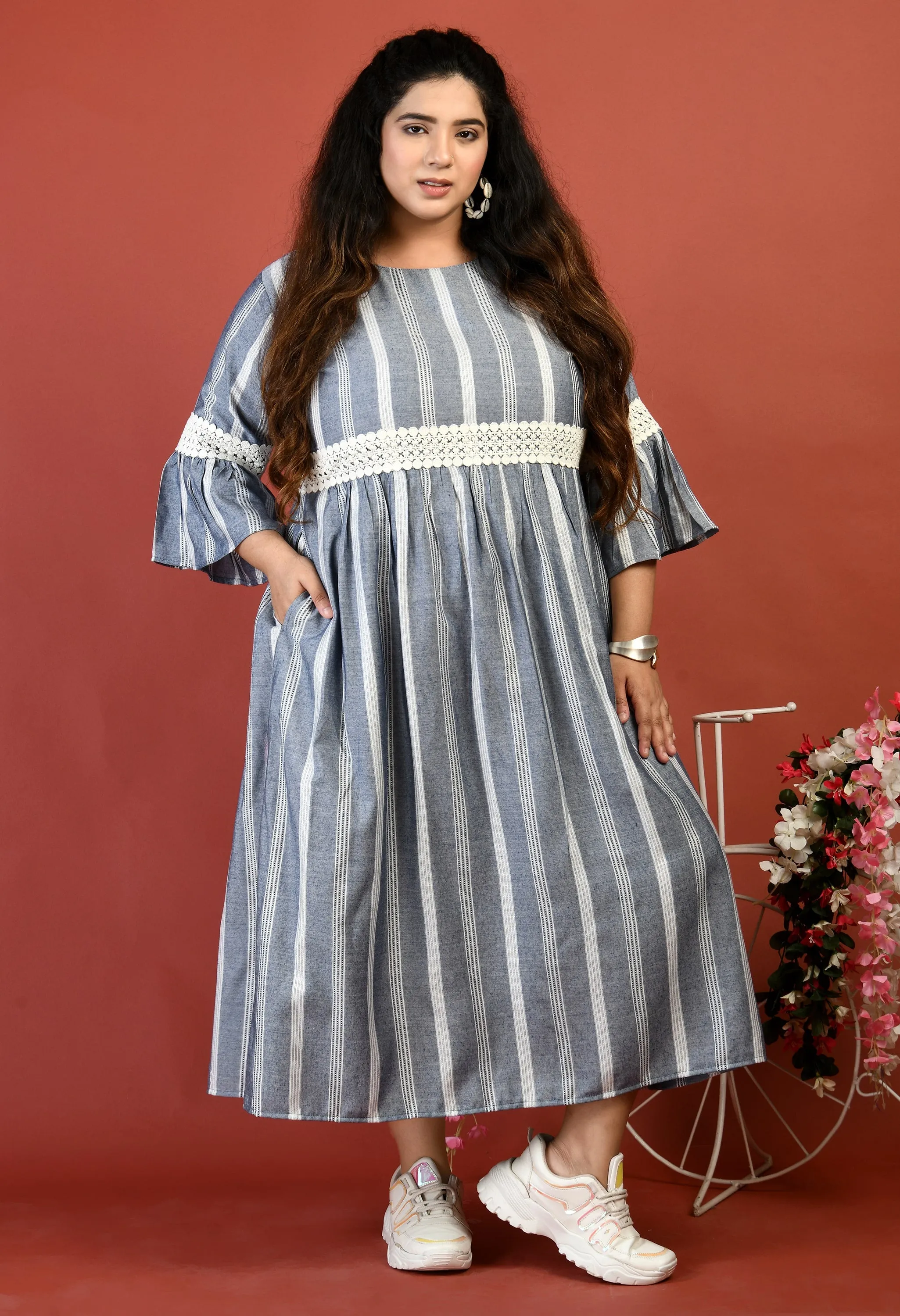 Plus Size Plus Size Grey Striped Lace Dress