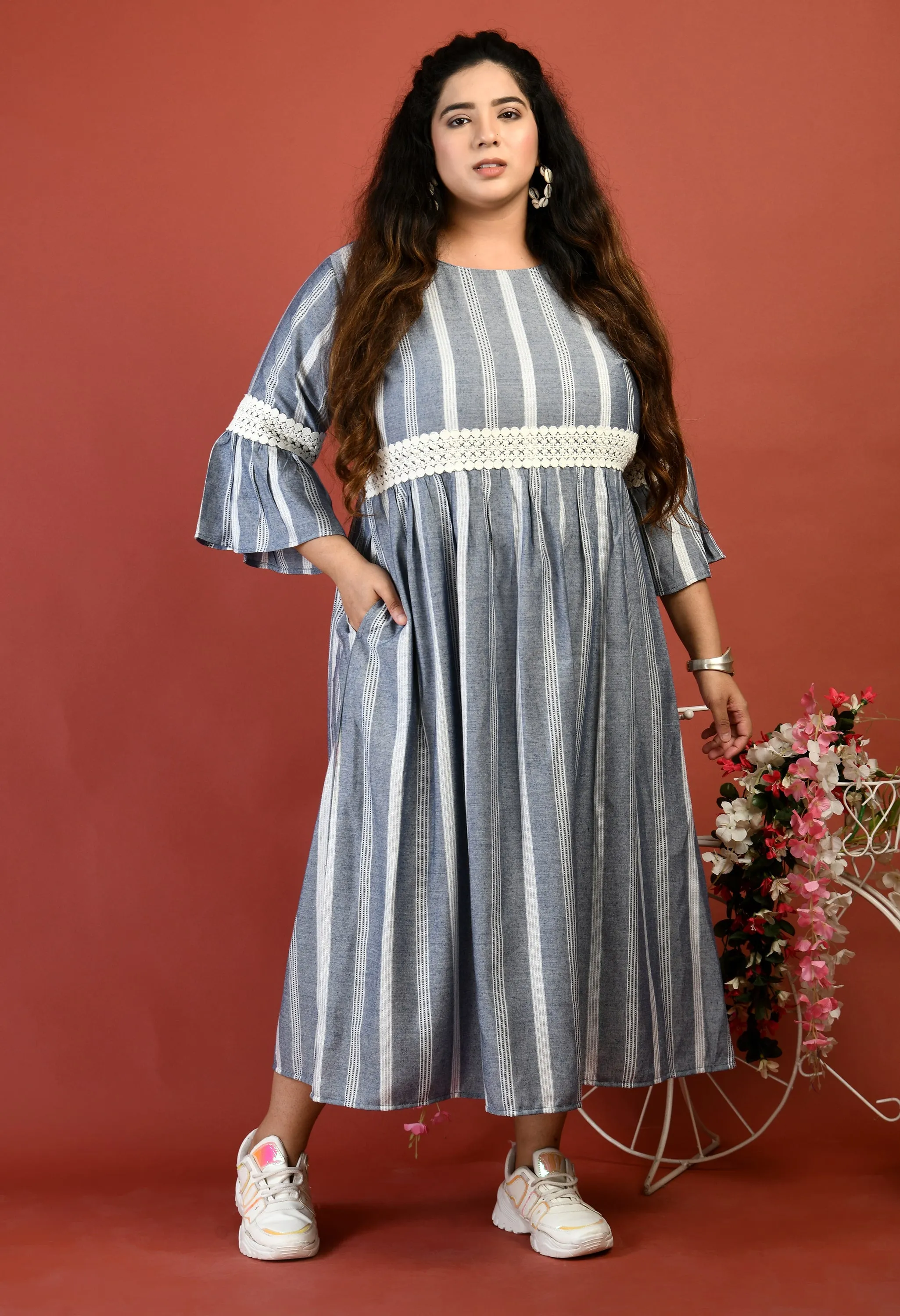 Plus Size Plus Size Grey Striped Lace Dress