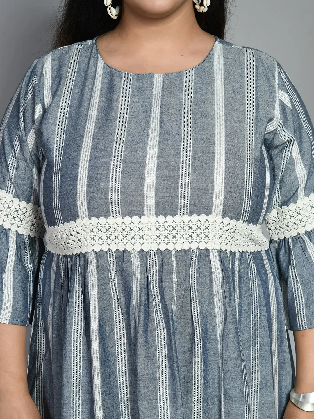 Plus Size Plus Size Grey Striped Lace Dress