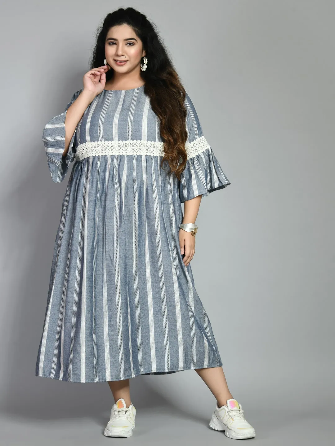 Plus Size Plus Size Grey Striped Lace Dress