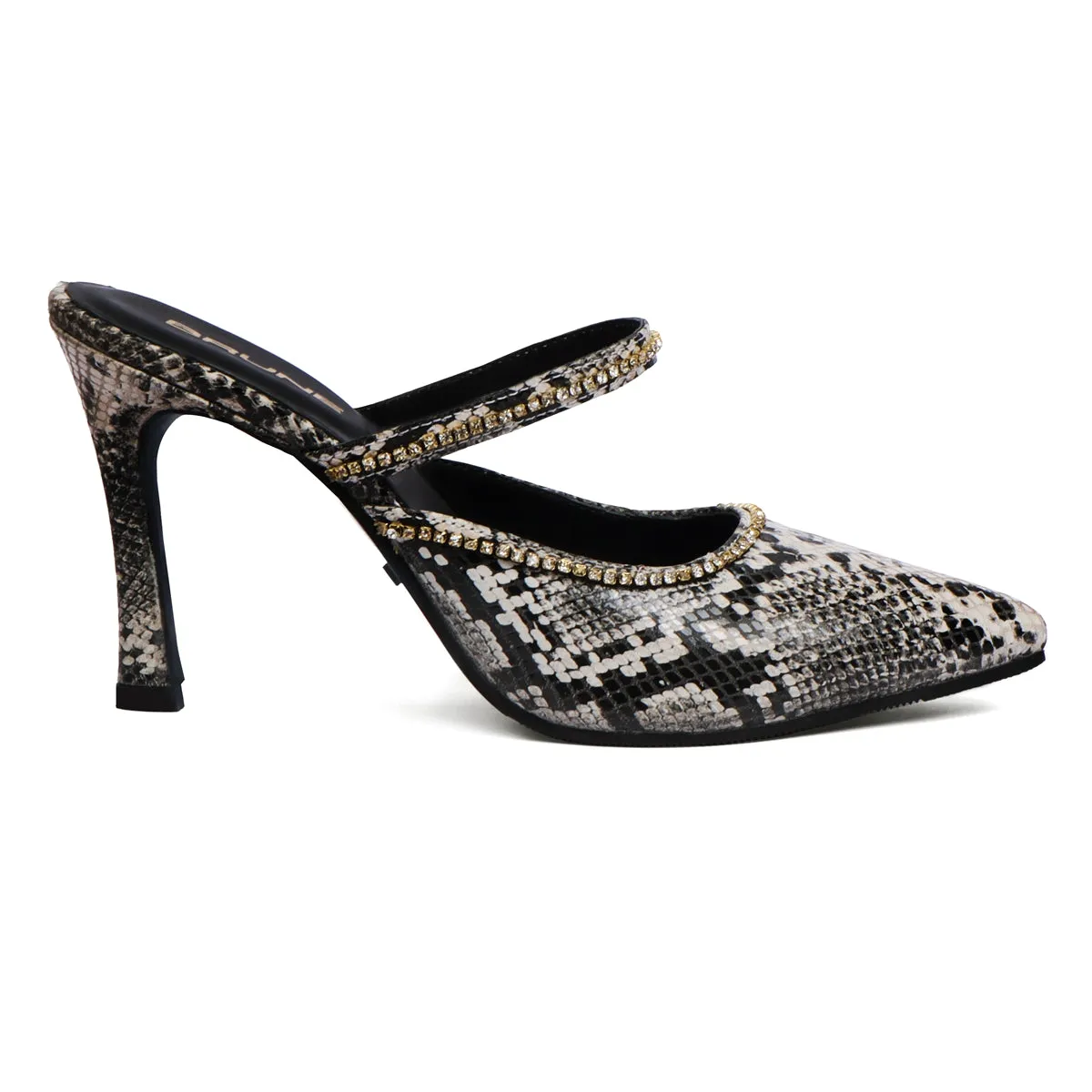 Pointed Toe Swarovski Crystal Stone Heel Pumps Black-White Snake Print leather Ladies Footwear By Brune & Bareskin