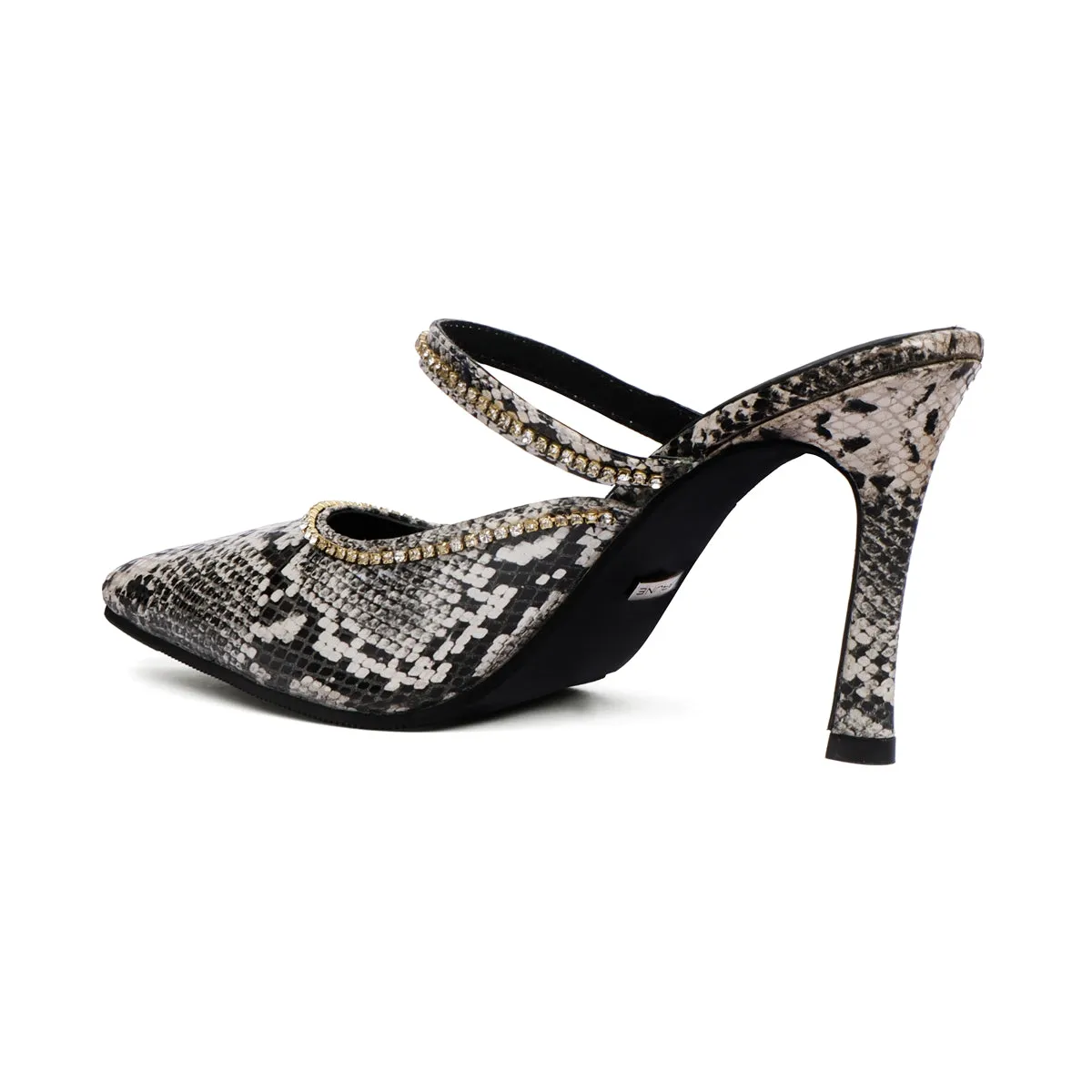 Pointed Toe Swarovski Crystal Stone Heel Pumps Black-White Snake Print leather Ladies Footwear By Brune & Bareskin