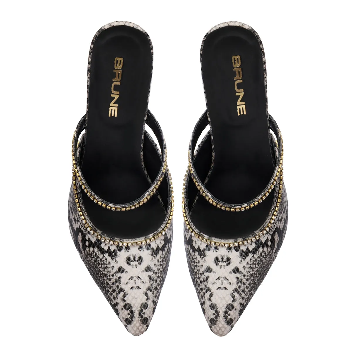 Pointed Toe Swarovski Crystal Stone Heel Pumps Black-White Snake Print leather Ladies Footwear By Brune & Bareskin