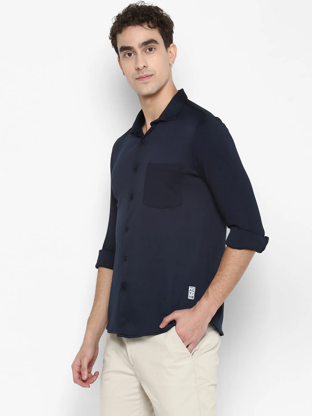 Polyester Spandex Navy Blue Solid Slim Fit Casual Shirt