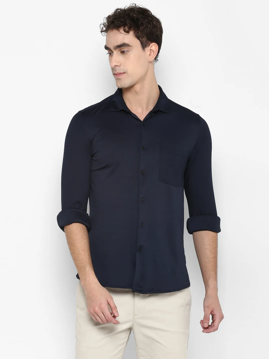 Polyester Spandex Navy Blue Solid Slim Fit Casual Shirt