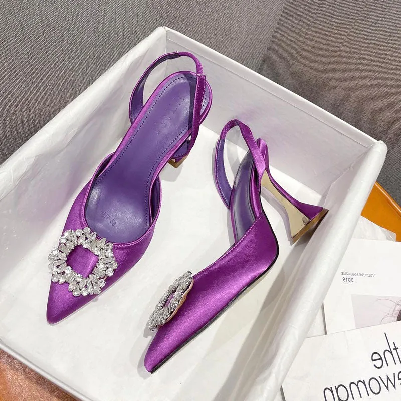 Purpdrank - Purple/Green Women Pumps Luxury Crystal High Heel Slingbacks Summer Bride Shoes Comfortable Triangle Heel Wedding Shoes 35-41